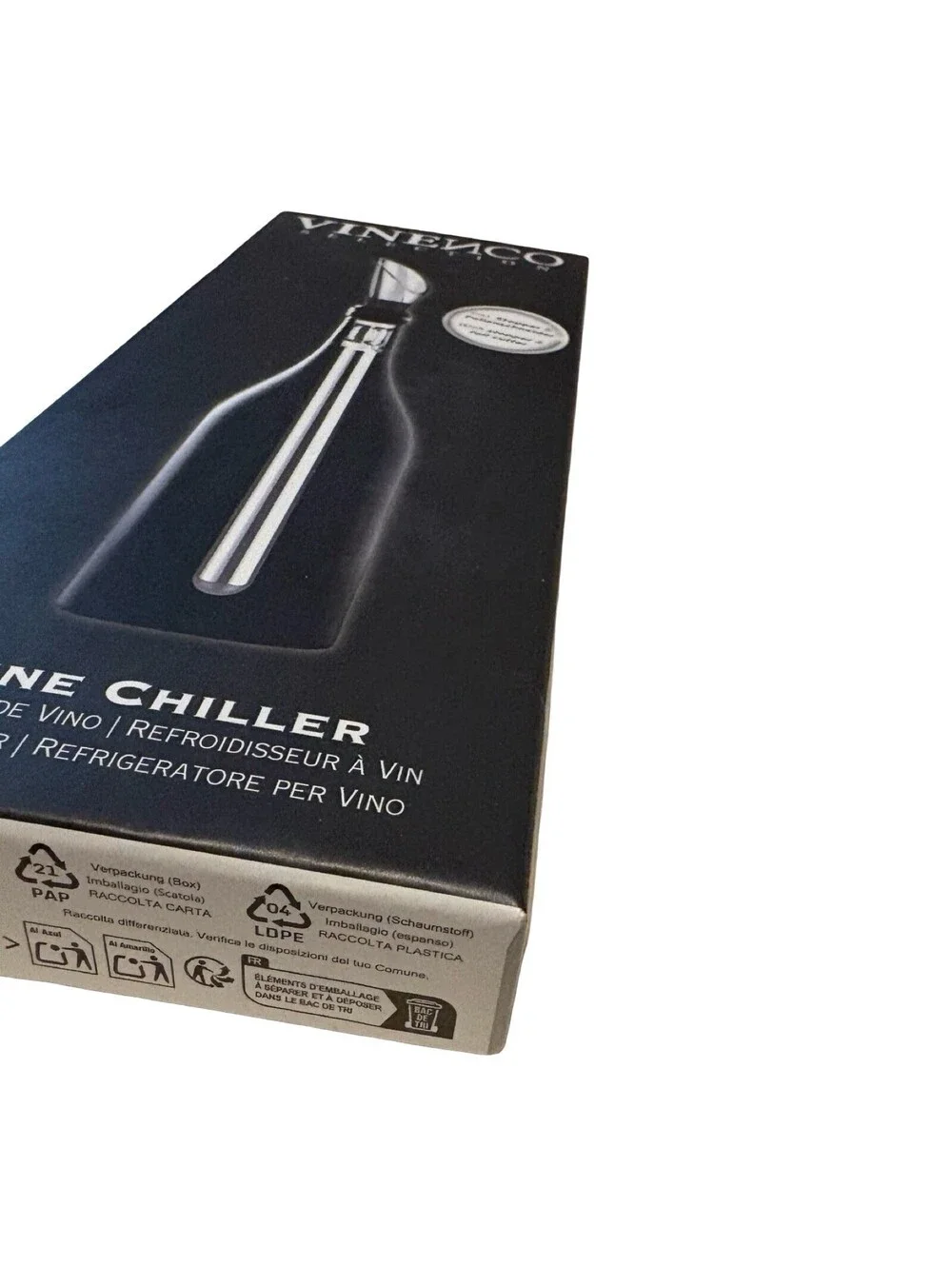 NEW~VINENCO SELECTION: Stainless Wine Chiller with Stopper & Foil Cutter/Swell